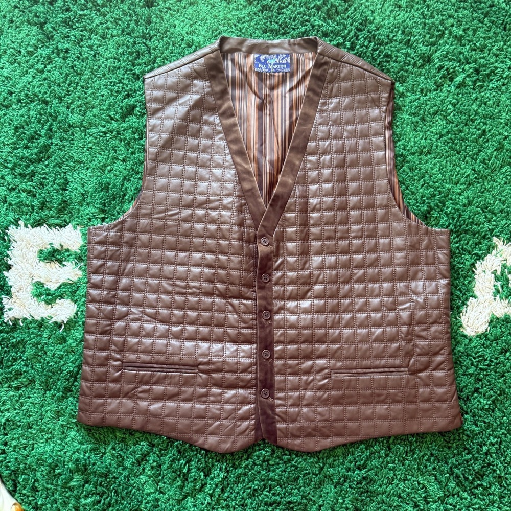 Blu Martini Quilted Faux Leather Vest Mens‎ Brown V Neck Button Up Lined